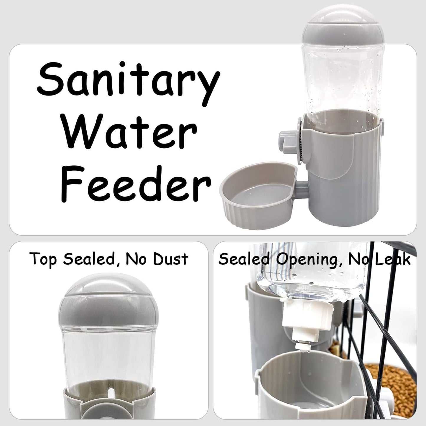 Tfwadmx Rabbit Watter Bottle 17oz Hanging Guinea Pig Automatic Water Dispenser No Drip Small Animal Cage Water Feeder Bowl for Bunny Chinchilla Hedgehog Ferret 2PCS (Grey)