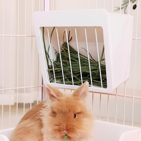 Hanging Rabbit Hay Feeder with Lid - No Waste Slow Feed Hay Rack for Rabbits, Guinea Pigs & Small Pets - Sturdy White Design, Easy to Fill & Clean, Cage Mounted Bunny Hay Holder (Iron mesh Style)