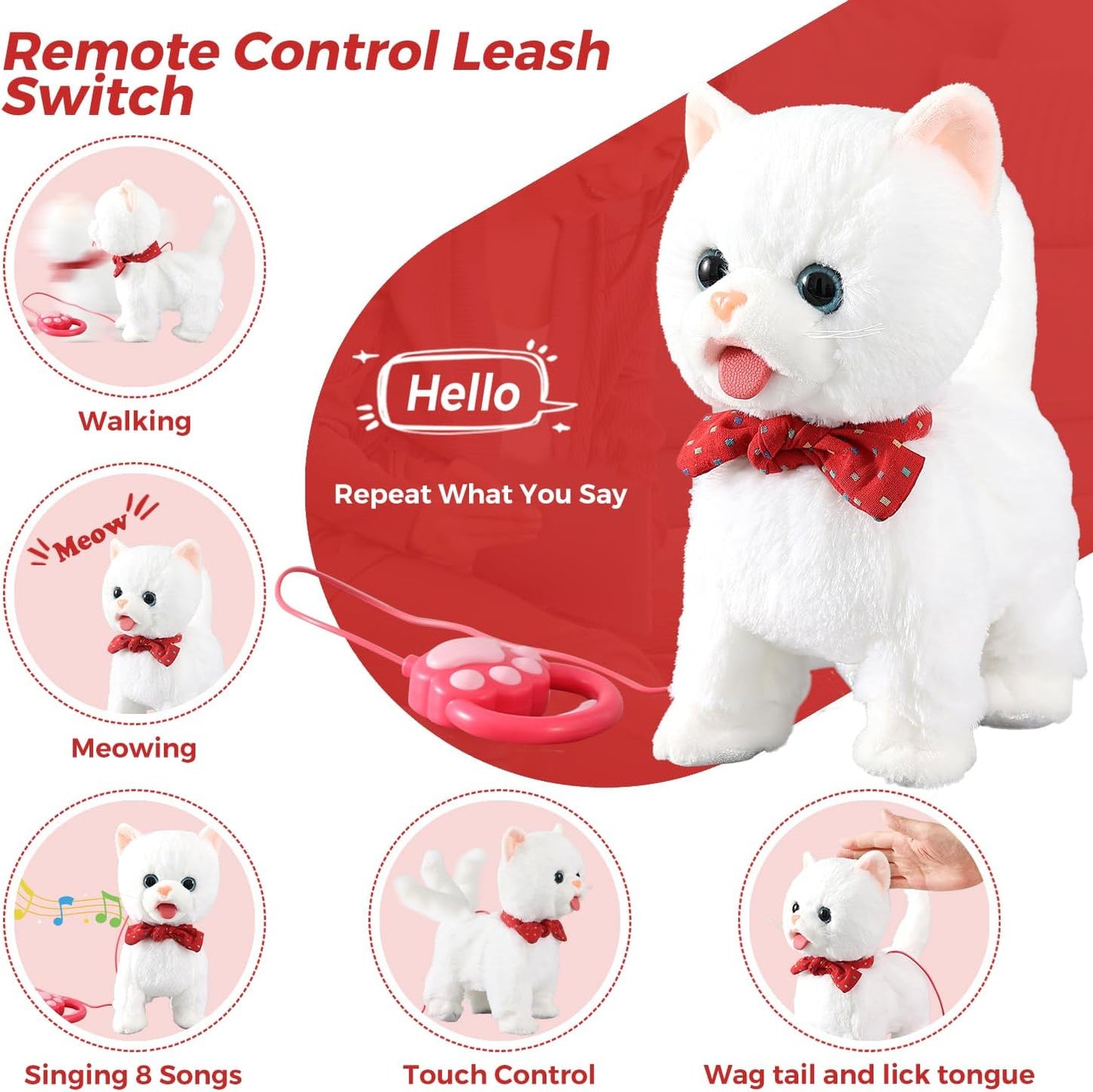 White Leash Walking Cat Set Toy Interactive Talking Cat Singing Dancing Kitten Mimicking Repeat What You Say Kitty Touch and Voice Control Nodding Wagging Tail Plush Electric Robot for Kid Girl