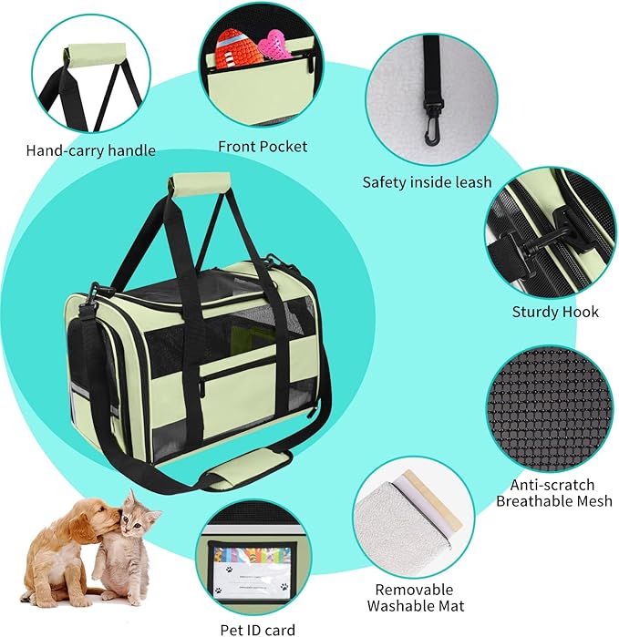 Cat Carrier Pet Dog Carriers TSA Airline Approved for Cats Dogs Under 15 lbs, Collapsible Soft Sided Cat Carrier Dog Travel Carriers for Puppy Kitten, Green