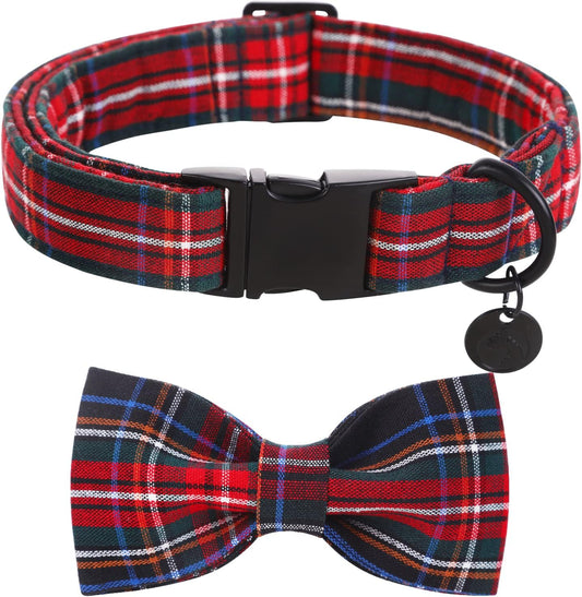 DOGWONG Premium Christmas Dog Collars, Red Plaid Dog Collar, Adjustable Heavy Duty Girl Boy Dog Collar with Bow for Small Puppy Dogs