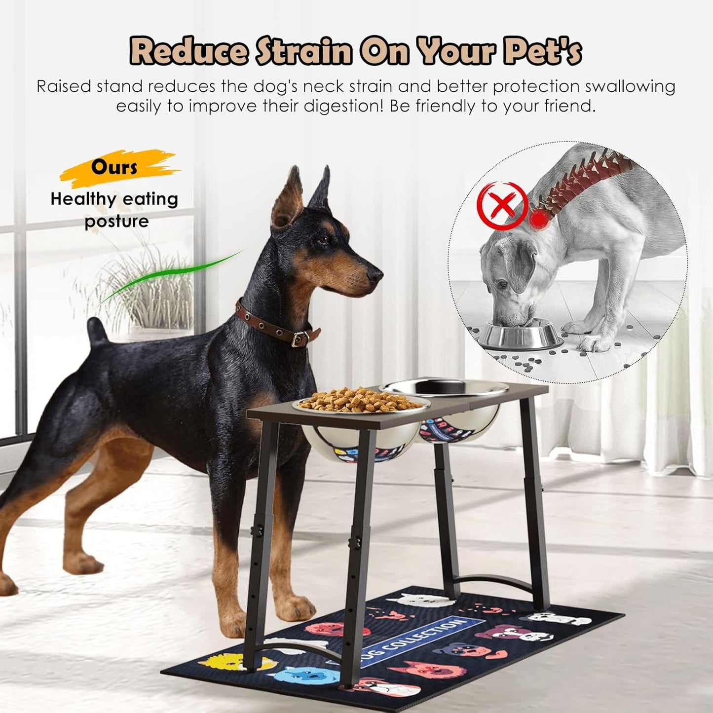 Elevated Dog Bowls for Large and X-Large Dogs, with Spill Proof Mat, 4 Heights Adjustable Wood Raised Dog Bowl Stand with Two Stainless Steel Food and Water Bowls, Non-Slip