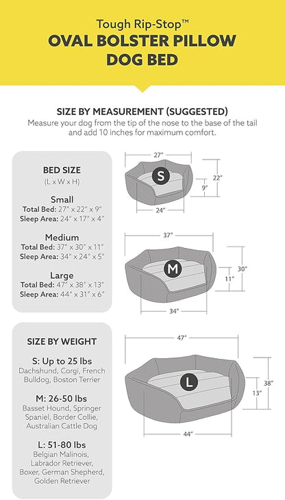 K9 Ballistics Tough Ripstop Oval Bolster Dog Bed, Calming Round Den Shape, Scratch Resistant, Machine Washable - Large, Black Ripstop