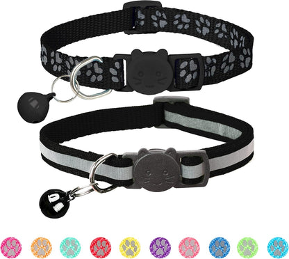 BANMODER 2 Pack Reflective Cat Collar Breakaway with Bell,Personalized Kitten Collars,Adjustable Safety Buckle Collar for Male Cats Girls & Boys (Black)