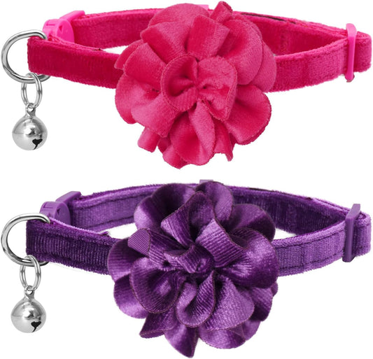 azuza 2 Pack Cat Collar Floral with Bell and Removable Flower Bowtie Breakaway Adjustable Velvet Fabric Cat Collar for Pets and Daily Decoration，Hot Pink & Purple