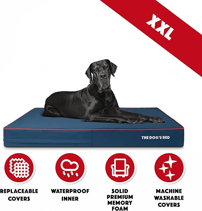 The Dog’s Bed Orthopedic Cooling Memory Foam Dog Bed, XXL Blue & Red Trim, Pain Relief for Arthritis, Hip & Elbow Dysplasia, Post Surgery, Lameness, Supportive, Calming, Waterproof Washable Cover