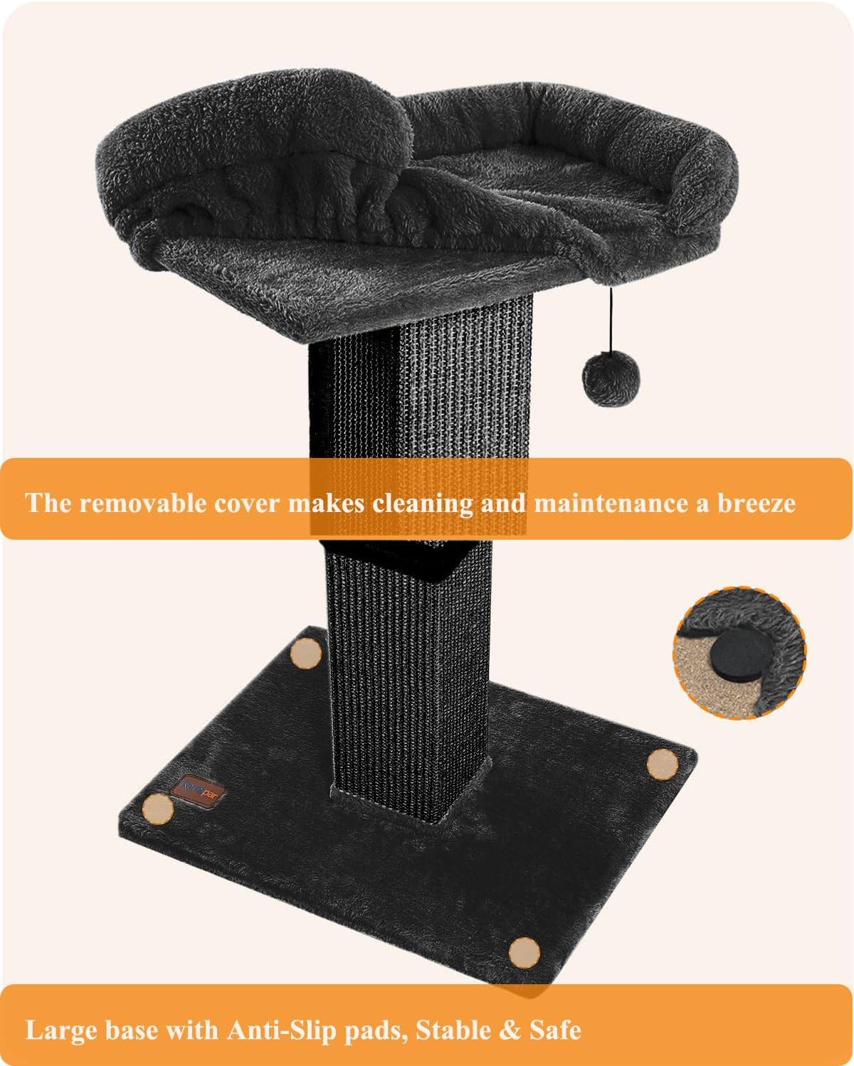 32" Cat Scratching Post for Indoor Cats, Sisal Cat Scratcher with Plush Perch, Large Scratch Post with Bed, Removable Cover, Sisal Fabric,Black