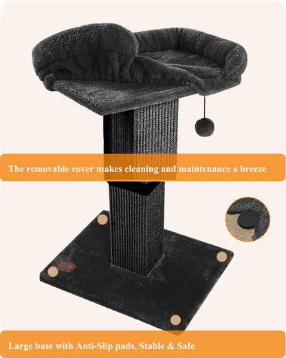 32" Cat Scratching Post for Indoor Cats, Sisal Cat Scratcher with Plush Perch, Large Scratch Post with Bed, Removable Cover, Sisal Fabric,Black
