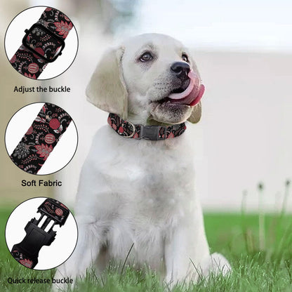 Red Floral Leaf Black Pet Collar Cat Dog Neck Strap Quick Release Buckle Adjustable Female Male Puppy Corgi