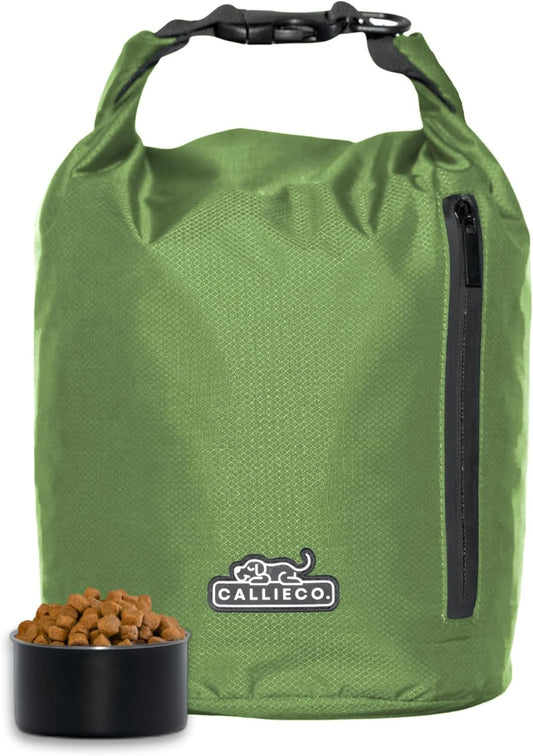 Callieco Dog Food Travel Bag w/ 1 Cup Scoop and Zipper Side Pocket | Waterproof Kibble Storage Container for Home, Road Trips, Camping, Boarding and More (Green, 64 Cups)