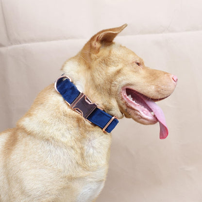 PETDURO Personalized Dog Collar Navy Blue Soft Velvet for Large Medium Small Boy Girl Dogs - Custom Collar with Name Phone Engraved on Rose Gold Metal Buckle - Add Matching Leash Set via Customize Now