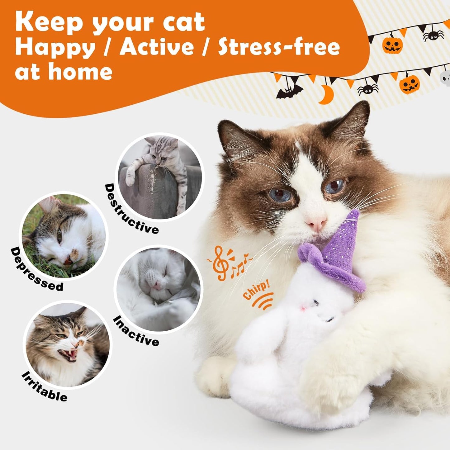 Halloween Catnip Toys, Flapping Ghost Catnip Toy, Interactive Kitten Exercise Toys for All Cat Breeds Play Alone, Never Boredom