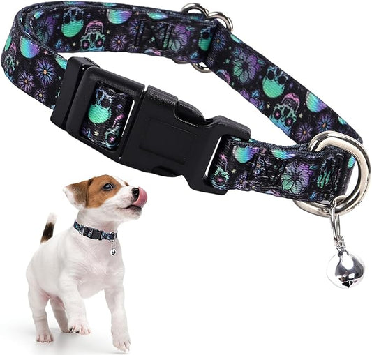 Skull Small Dog Collar with Bell, Pretty Cool Boy Cat Collar Tiny Puppy Collars with Bells for Xs Small Pet Male Dogs Kitten Little Animal, Small