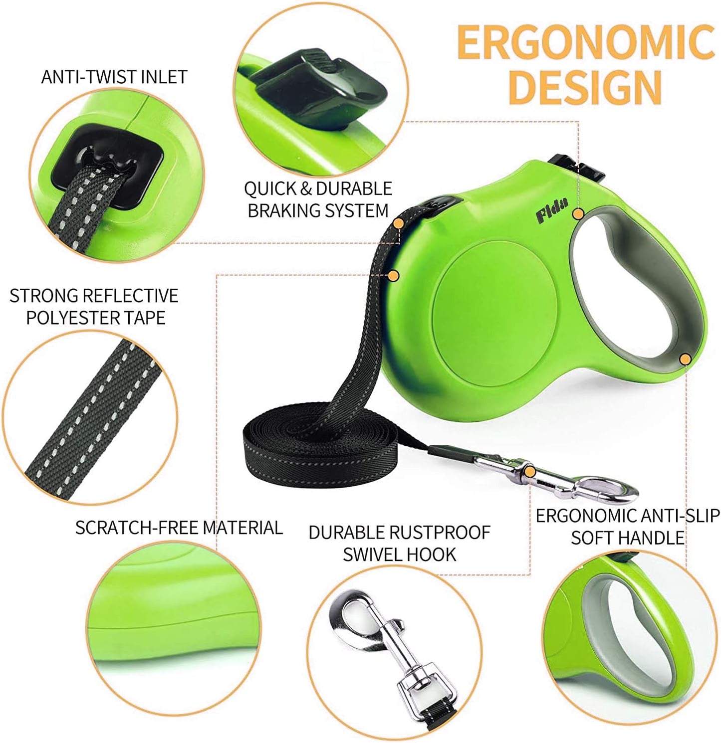 Fida Retractable Dog Leash with Dispenser and Poop Bags, 16 ft Pet Walking Leash for Small Dog or Cat up to 26 lbs, Anti-Slip Handle, Tangle Free, Reflective Nylon Tape (S, Green)