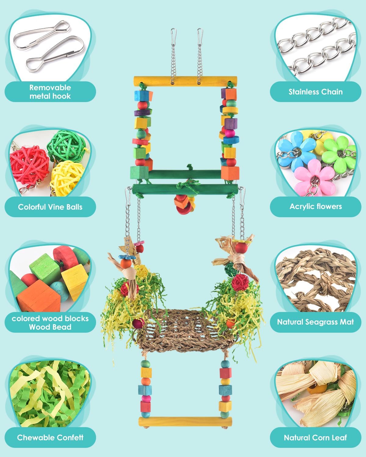 Bird Hammock Toys Parakeet Perches Swing, 3in1 Detachable Parrot Cage Accessories, Wooden Hanging Chew Toys for Small to Large Conure Cockatiel Quaker African Grey