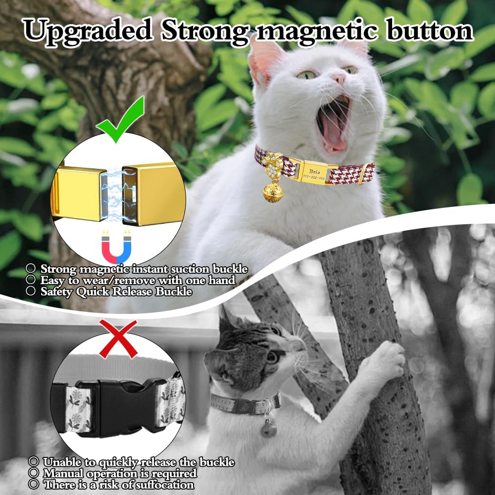 Personalized Breakaway Cat Collars - Magnetic Buckle, Bell - Safety Quick Release, Customized for Girls & Boys Cats - Houndstooth