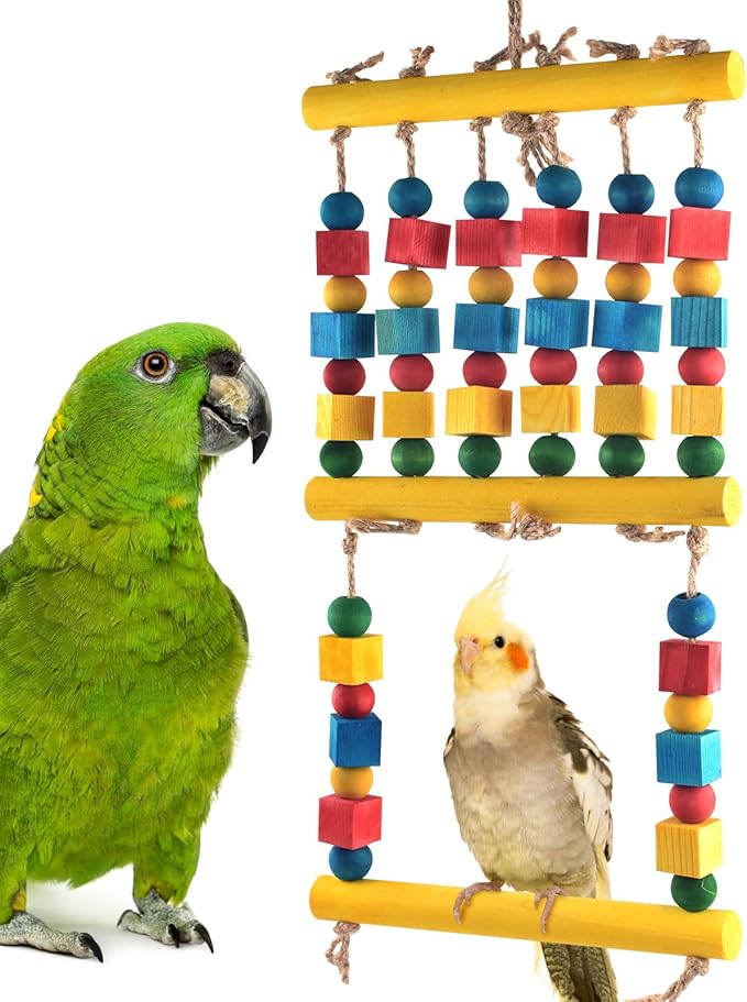 Bird Toys, Parrot Chew Swing Toy with Perches Stand, Hanging Colorful Wood Block Bird Cage Accessories for Small to Medium Quaker African Grey Budgie Cockatiels Amazon Parrots