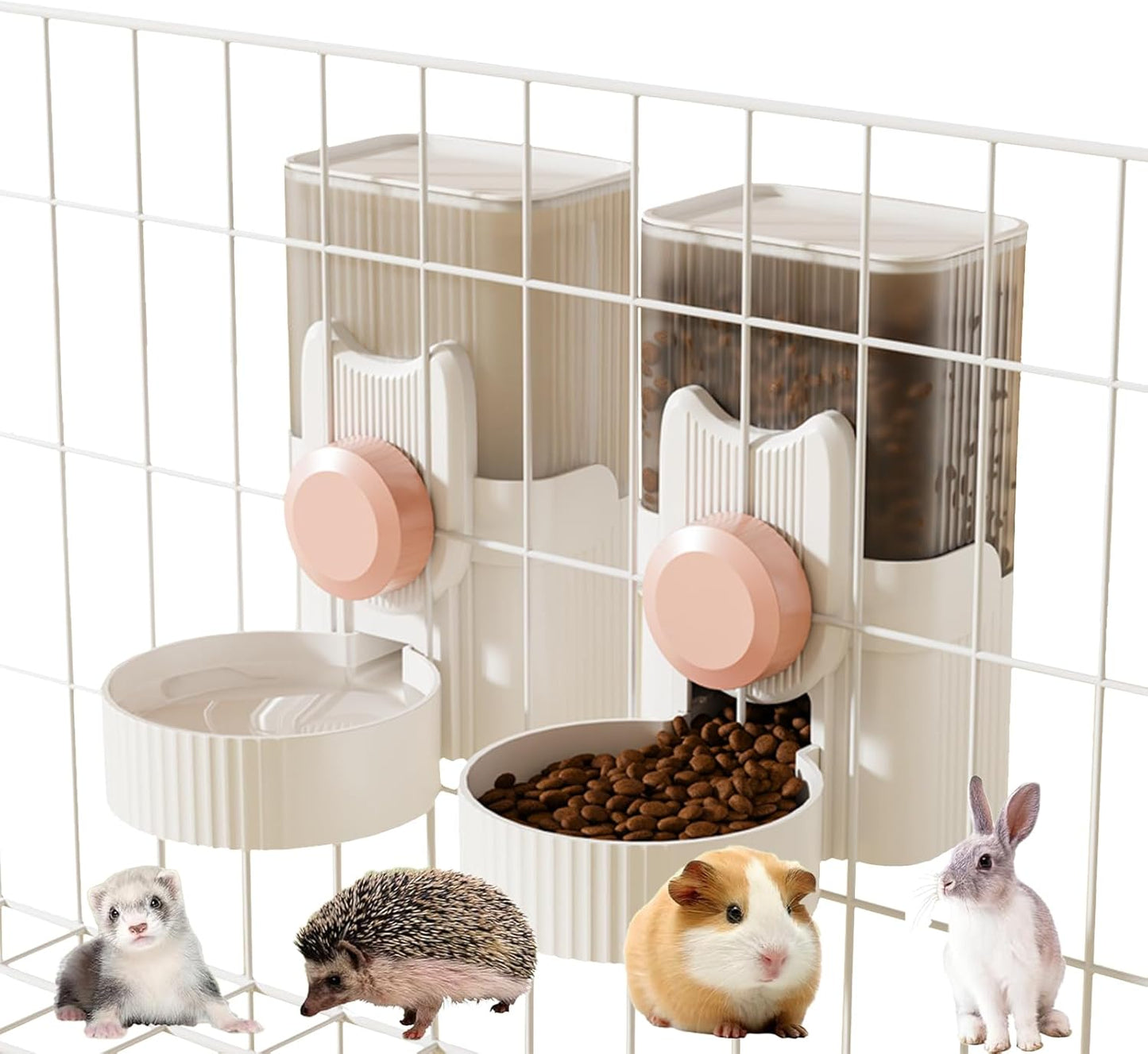 Rabbit Automatic Food Feeder and Water Dispenser Bunny Gravity Feeding Station Waterer Set Hanging Self-Dispensing Feeder for Ferret,Guinea Pigs Chinchillas Hedgehog (Pink)