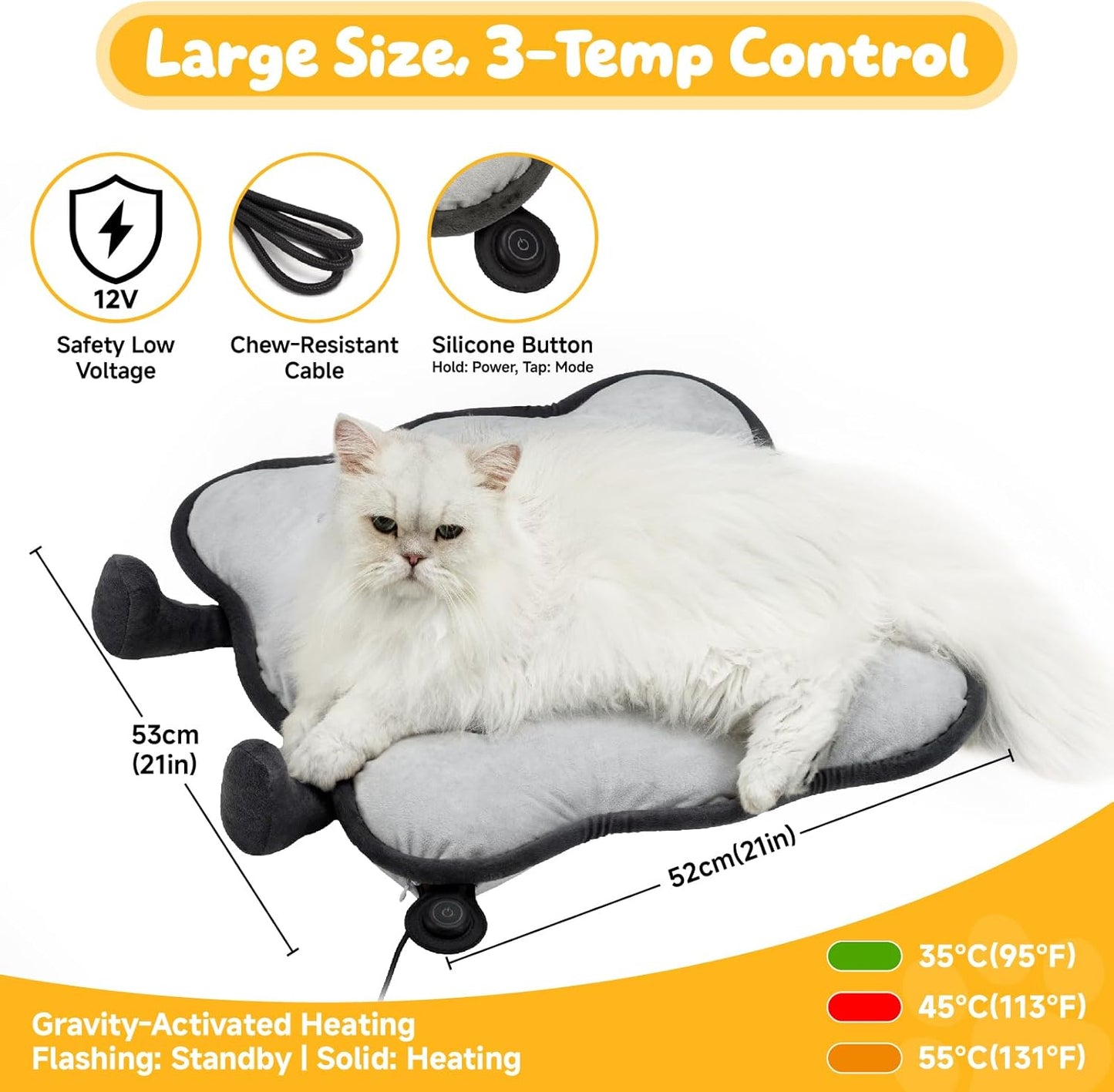 Cat Heating Pad Electric Heated Pet Bed Warming Mat for Indoor Cats Dogs Extra Large Adjustable Temperature Hot Pads Biscuits Grey 21"X 21"