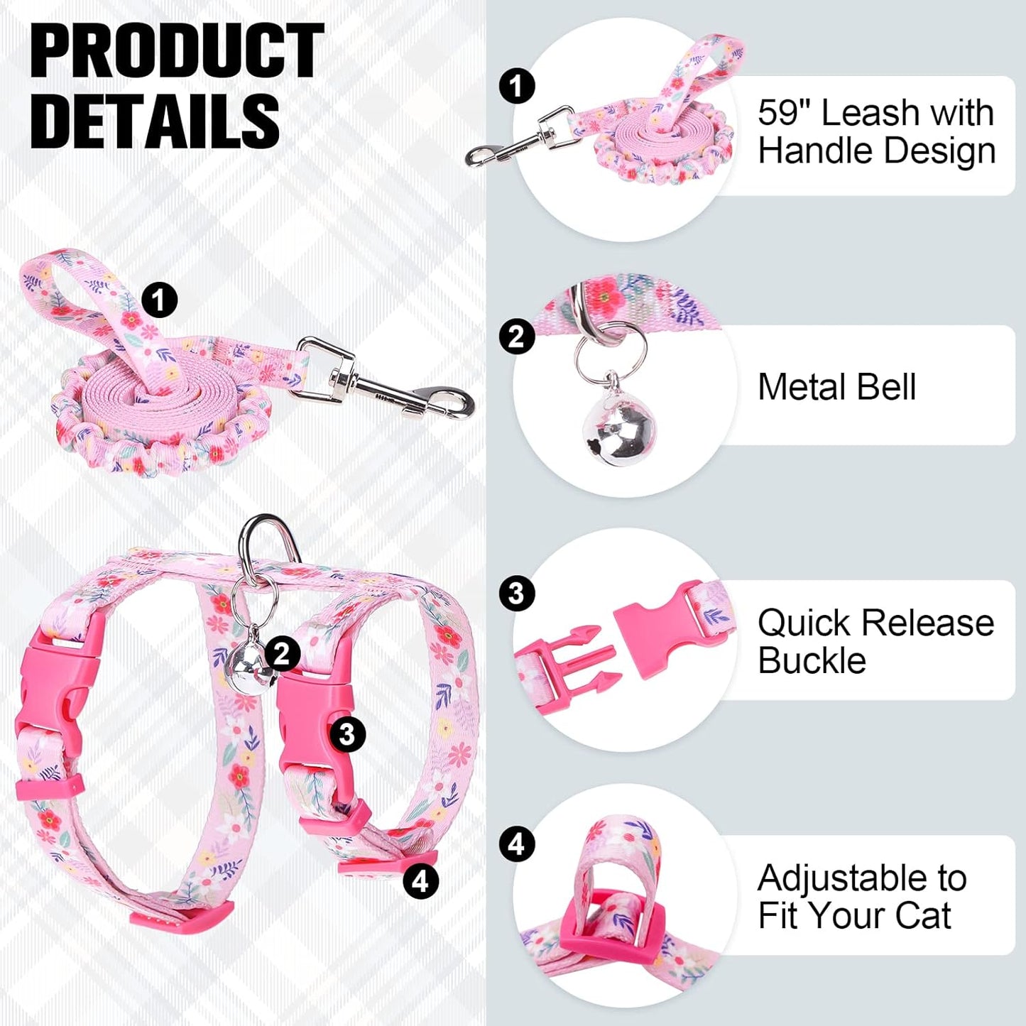 BEAUTYZOO Cat Harness and Leash Set Escape Proof for Walking, Kitten Soft Adjustable Vest Harnesses for Small Medium Large Cats, Easy Control Breathable Plaid Ribbon Nylon for Outdoor Indoor Use