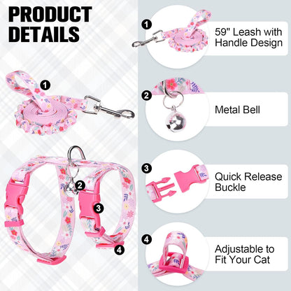 BEAUTYZOO Cat Harness and Leash Set Escape Proof for Walking, Kitten Soft Adjustable Vest Harnesses for Small Medium Large Cats, Easy Control Breathable Plaid Ribbon Nylon for Outdoor Indoor Use