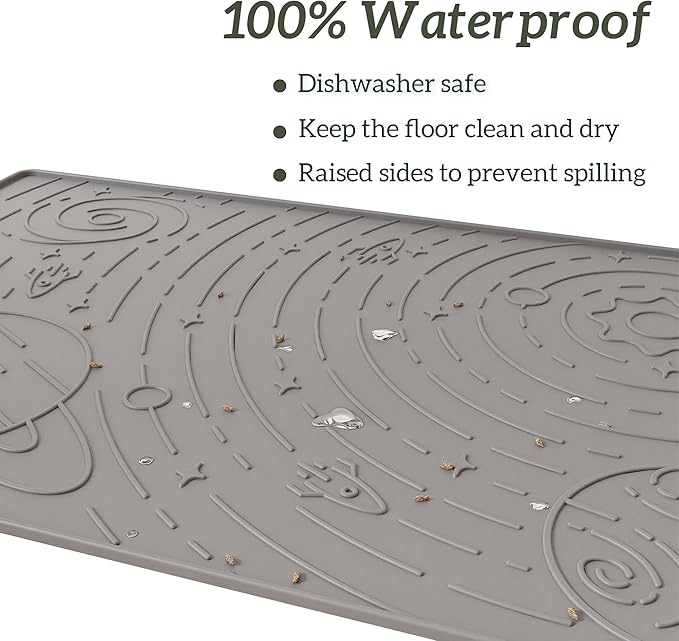 OHMO Dog Food Mat, Silicone Waterproof Cat Food Mat, Non-Skid Spill Proof Pet Feeding Mat for Food and Water, Easy to Clean Dog Placemat(Grey, 23.6" x 15.8")