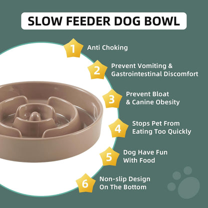 Ceramic 1.6 Cup Slow Feeder Dog Bowl for Medium and Large Breed, 8.2inch Puzzle Dog Food Dish, Anti-Gulping, Stop Bloat, Preventing Choking (Single Bowl-Brown Coffee)