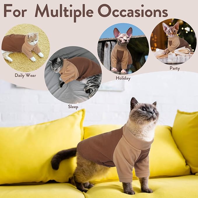 T'CHAQUE Cat Pajamas - Soft Cat Clothes& Shirts & Pajamas with Sleeves, Stretchy Sweater, Pullover Kitten Clothes, Darkbrown, X-Large