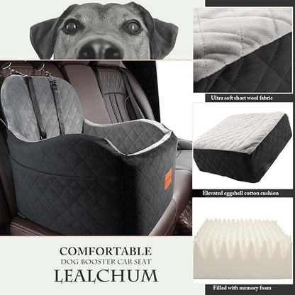 Dog Booster Car Seat for Small/Medium Dogs,6in Memory Foam Elevated Cushion,Fully Detachable and Washable,2 Clip-On Safety Leashes,Anti-Slip Base(Black/Grey,Medium)