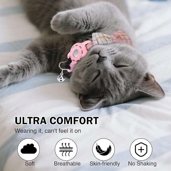 Airtag Cat Collar with Bells and Bowtie -Safety Elastic Band Kitten Collar for Apple Air Tag Holder- Cute GPS Cat Tracker Collars for Girl Boy Cats and Puppies, Adjustable 8"-12" Pink