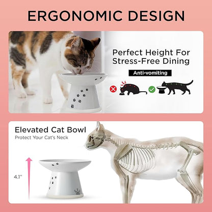 Necoichi Raised Cat Food Bowl – Ceramic Elevated Cat Bowl for Whisker & Neck Fatigue, Dishwasher Microwave Safe – Non-Slip & Anti Vomiting Ergonomic Design (Cats, Extra Wide)