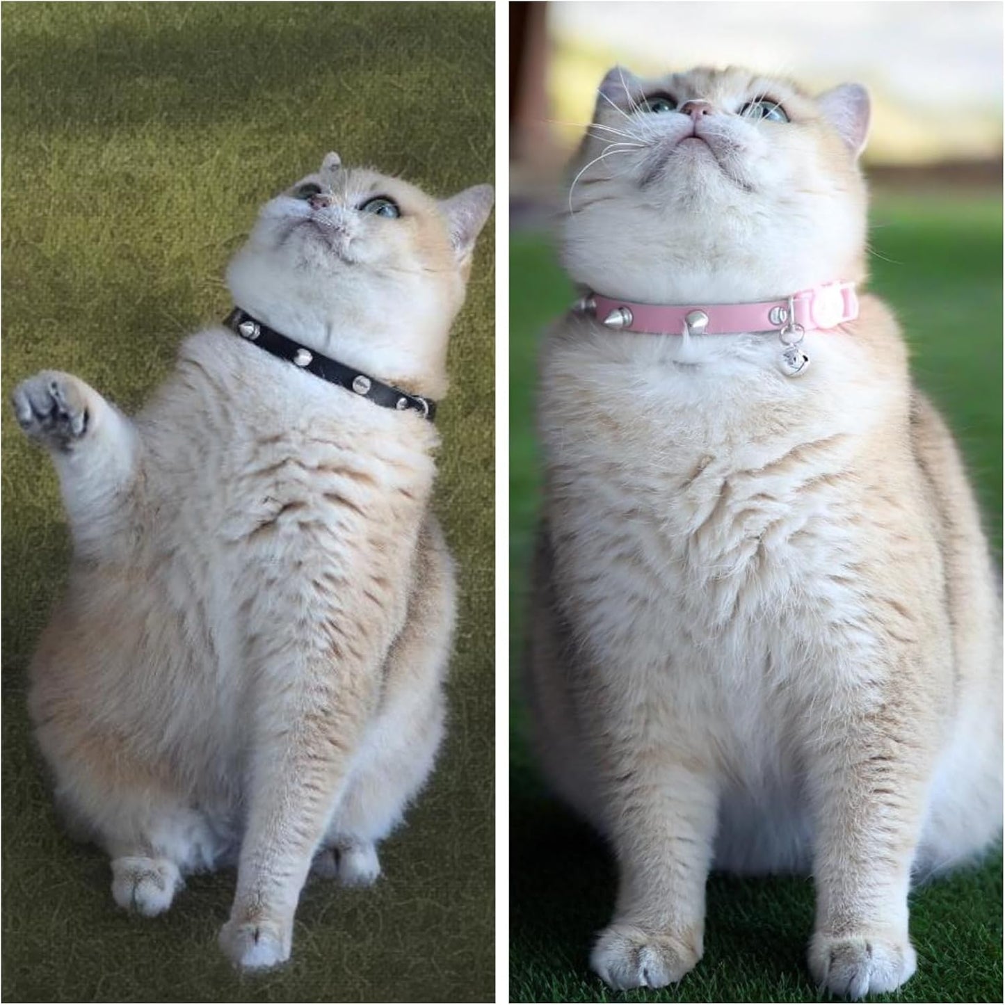 Spiked Cat Collar with Bells, Breakaway Genuine Leather Protective Collar for Kitty, Studs Spikes Punk Style Adjustable for Girl Boy Kittens Small Bunny Rabbit, 8"-9.5" Pink