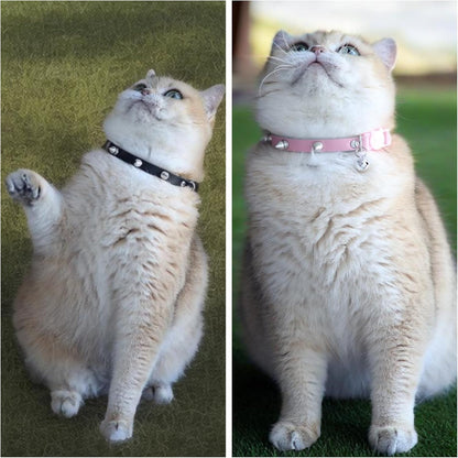 Spiked Cat Collar with Bells, Breakaway Genuine Leather Protective Collar for Kitty, Studs Spikes Punk Style Adjustable for Girl Boy Kittens Small Bunny Rabbit, 8"-9.5" Pink