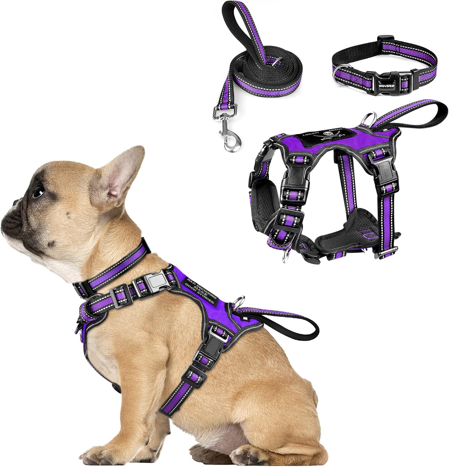 WINSEE Pet Harness Collar and Leash Set, All-in-one Reflective Dog Harness No Pull with Adjustable Buckles for Puppies, Small, Medium, Large, and Extra-Large Dogs (Small, Purple)