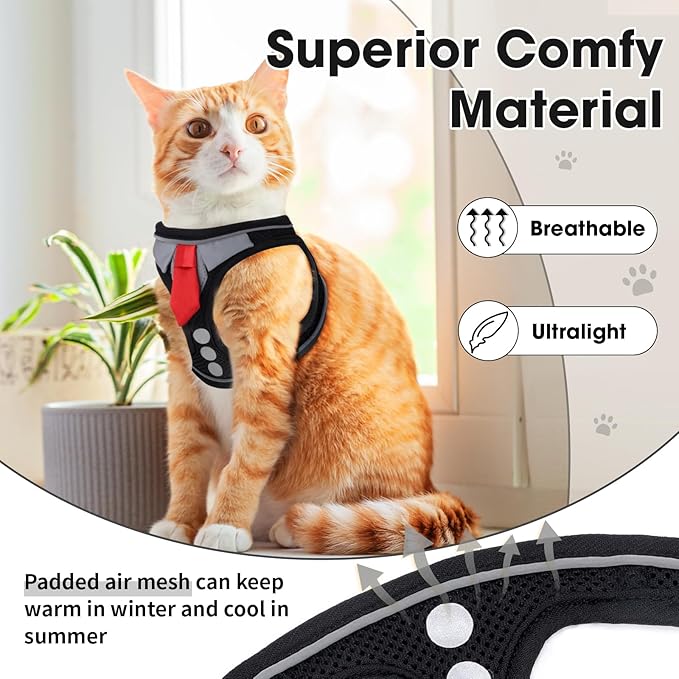Cat Harness and Leash Set for Walking Escape Proof, Soft Adjustable Kitten Harness Breathable Mesh with Reflective Strips Harness for Kitty Puppy Bunny (Black, Medium)