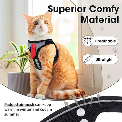Cat Harness and Leash Set for Walking Escape Proof, Soft Adjustable Kitten Harness Breathable Mesh with Reflective Strips Harness for Kitty Puppy Bunny (Black, Medium)
