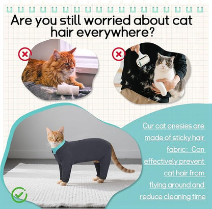 T'CHAQUE Sticky Hair Cat Onesie - Soft Long Sleeve Cat Pajamas, Anti-Shedding,Surgery Recovery Suit, Wound Protection & Preventing Licking, Kitten Sweaters for Male Female, Blue-M