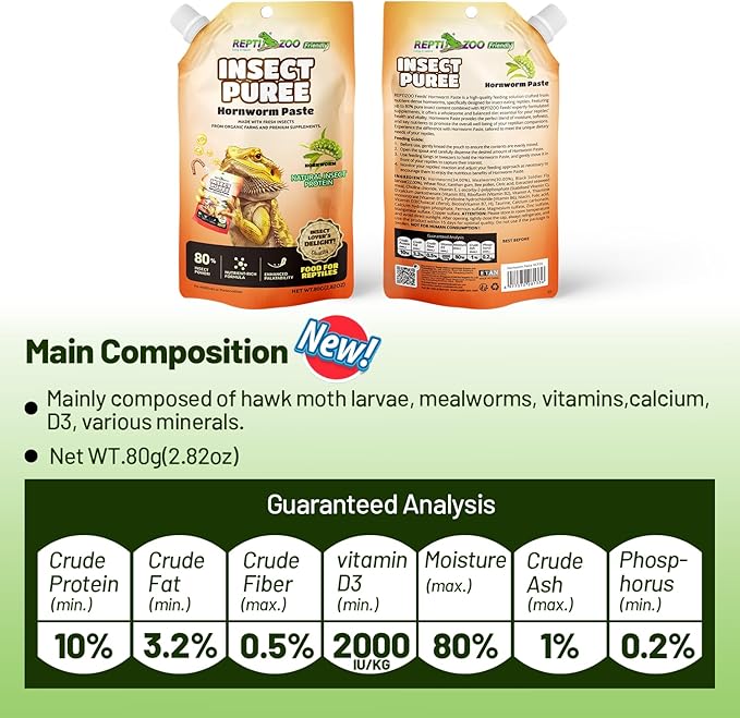 Crested Gecko Food Insect Puree, Hornworm Paste Reptile Food Made with Fresh Insects 2.82oz