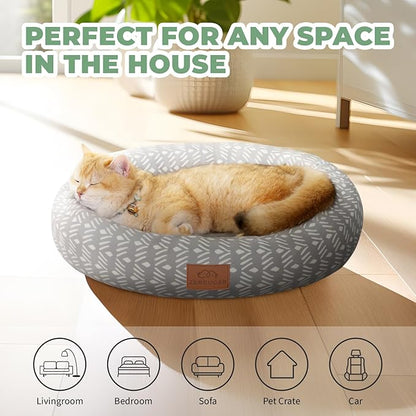 Cat Bed, 20In Dog Beds for Small Dogs, Calming Cat & Dog Beds for Indoor Pets, Pet Beds Comfortable Donut Round Ultra Soft (Grey Pattern, 20.0" L x 20.0" W x 6.5" Th)