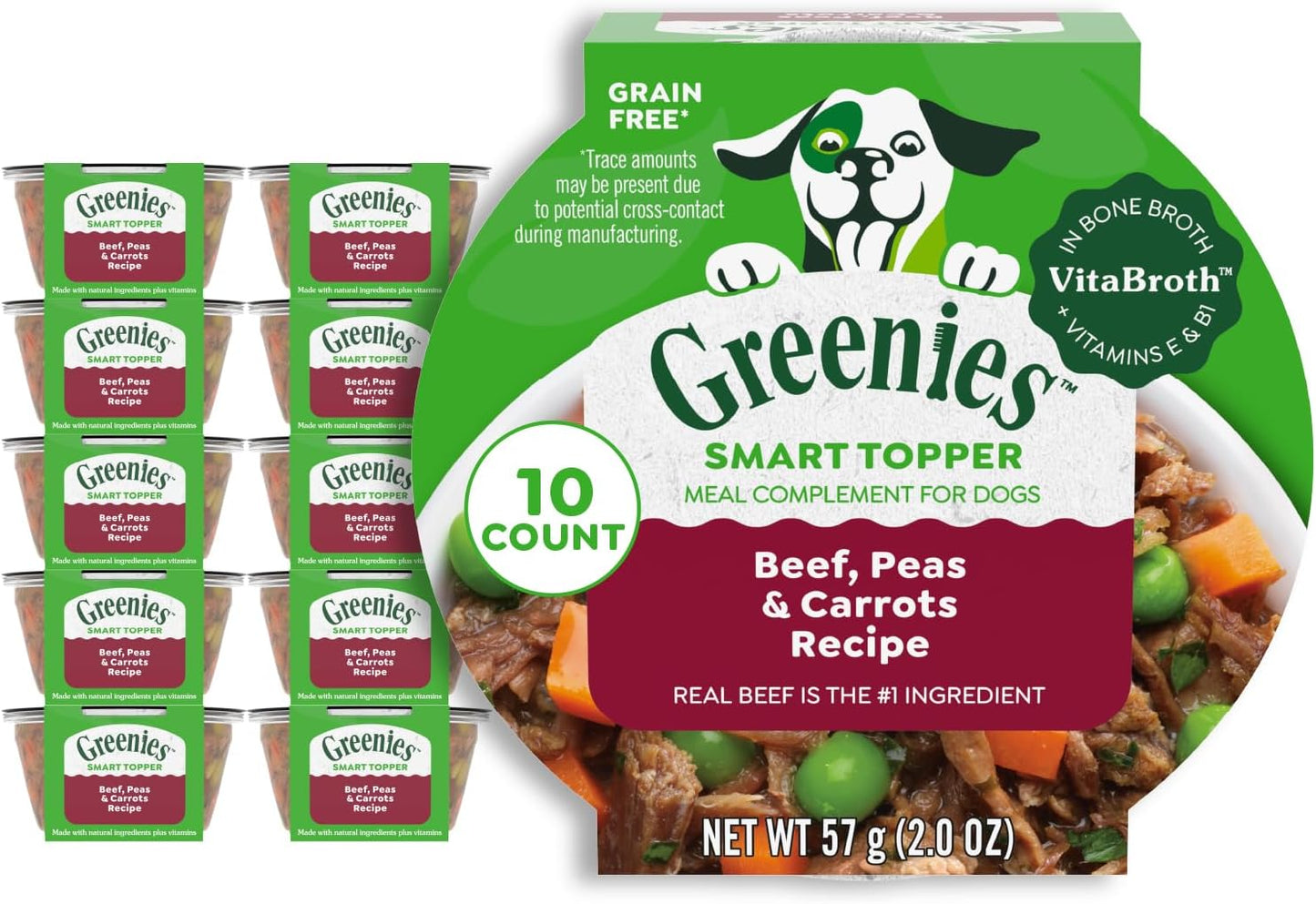 Greenies Smart Topper High Protein Wet Mix-in for Dogs, Beef, Peas & Carrots Recipe in Vitabroth Broth - Bone Broth + Vitamins E & B1, 10 Count