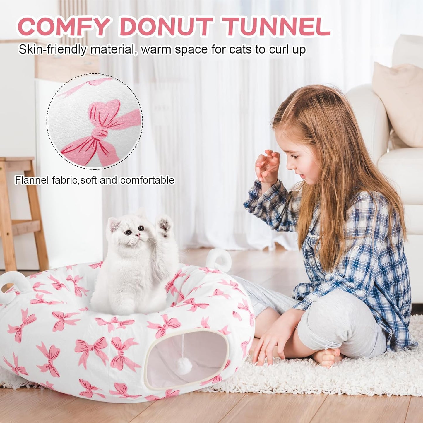 Cat Tunnel with Cat Bed for Indoor Cats, Under Christmas Tree Cute Kitten Donut Tunnel with Washable Cushion, Peekaboo Cat Cave Toy for Kitten Puppy Rabbit, Pink Pattern