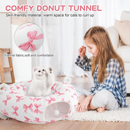Cat Tunnel with Cat Bed for Indoor Cats, Under Christmas Tree Cute Kitten Donut Tunnel with Washable Cushion, Peekaboo Cat Cave Toy for Kitten Puppy Rabbit, Pink Pattern
