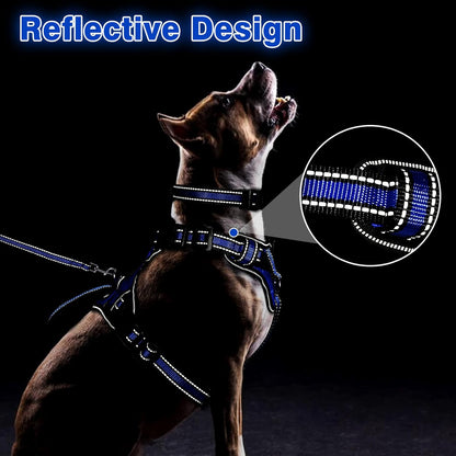 WINSEE Pet Harness Collar and Leash Set, All-in-one Reflective Dog Harness No Pull with Adjustable Buckles for Puppies, Small, Medium, Large, and Extra-Large Dogs (Large, Dark Blue)