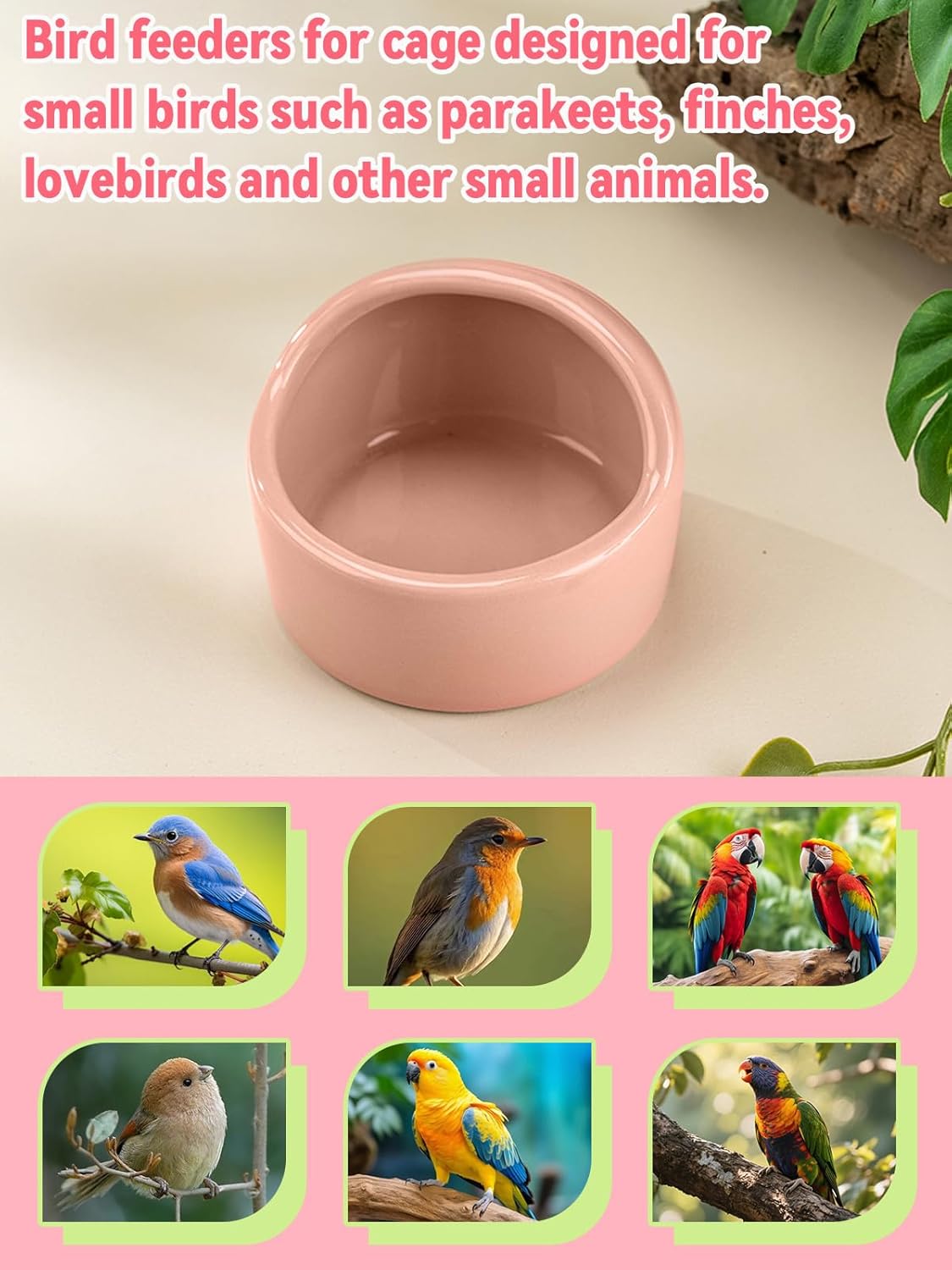 2 Pcs Bird Food Bowl Small Ceramic Bowls for Birds Parakeet Food Bowl Parrot Feeding Cups, Bird Cage Feeder with 2 Plastic Feeding Clips for Parakeets Conure Cockatiels Lovebird Budgie (Pink)