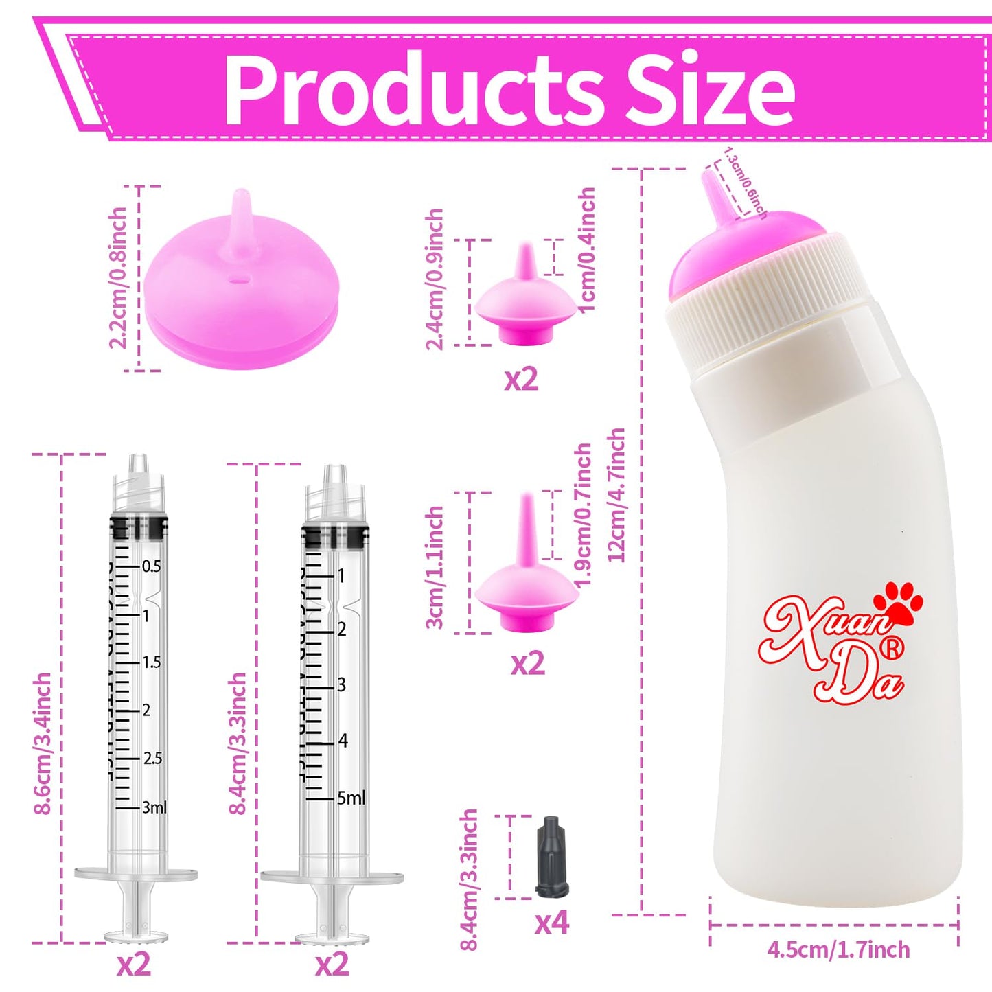 Pet Feeding Nipple with Syringe, Soft Silicone Nursing Pet Feeding Bottle, Ventilation Valve Resistant Tearing for Puppies, Kittens, Rabbit, Small Wildlife (S Nipple,Pink)