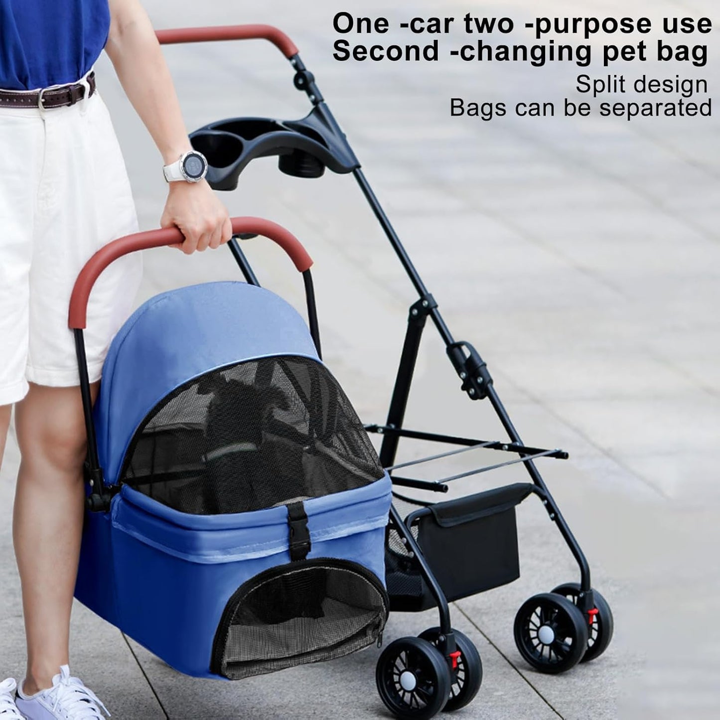 Pet Stroller Pram Dog Carrier Trailer 4 Wheels Foldable Dog with Storage Basket,Holds up to 44 lbs,Adjustable Handle,Folding Travel Stroller Suitable for Traveling with Cats and Dogs (Blue)