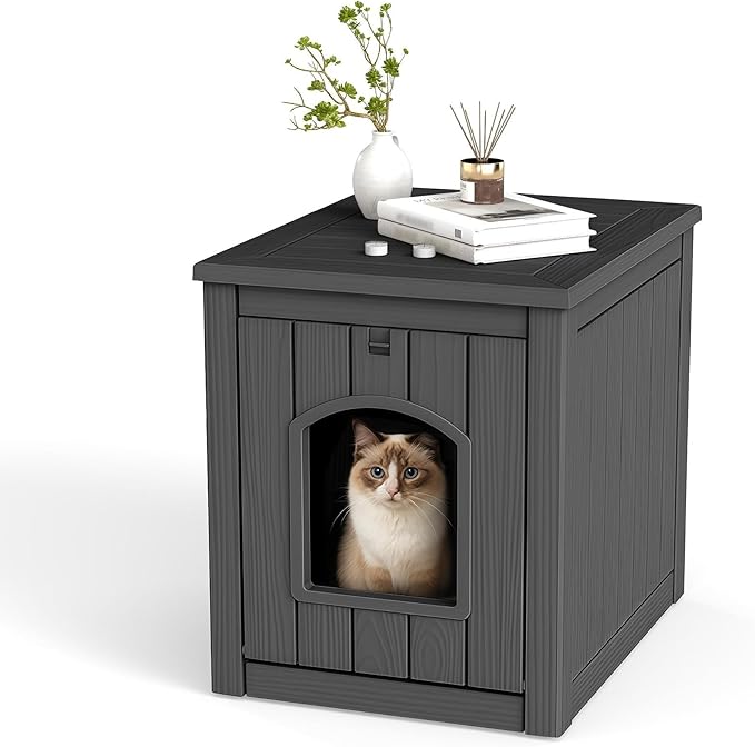 VIXZEN Cat House Resin Outdoor Cat House with Flip Lid Elevated Raised Floor Waterproof Easy Access Easy Assembly Easy to Clean Cat Houses for Outdoor Cats,Black