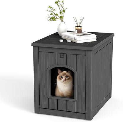 VIXZEN Cat House Resin Outdoor Cat House with Flip Lid Elevated Raised Floor Waterproof Easy Access Easy Assembly Easy to Clean Cat Houses for Outdoor Cats,Black