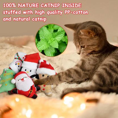 FOIMAS 6pcs Christmas Catnip Toys,Xmas Cat Toys Plush Santa Claus Snowman Tree Interactive Chew Bite Toys for Cat Kitten Indoor