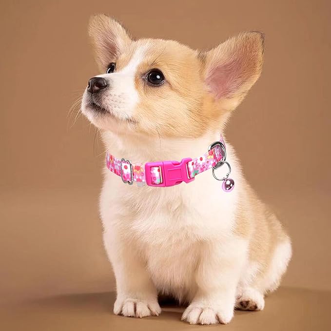 Pink Floral Small Dog Collar with Bell, Pretty Cute Flower Cat Collar Girl Puppy Collars with Bells for XS Small Tiny Pet Female Dogs Kitten Little Animal, S